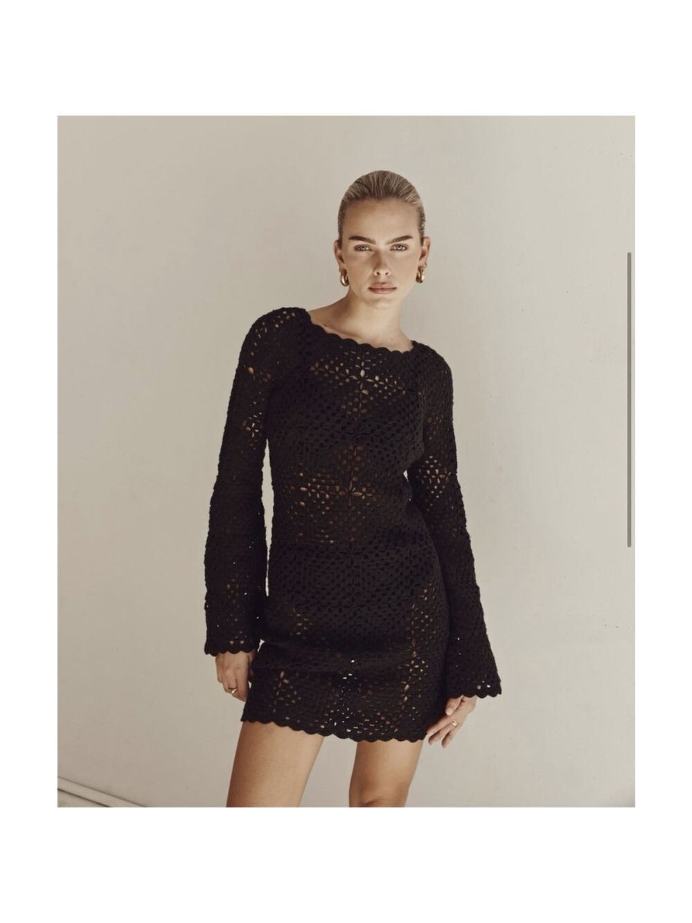 Dissh Clover Crochet Mini Dress XS Black Bell Sleeve Boho Festival Minimalist